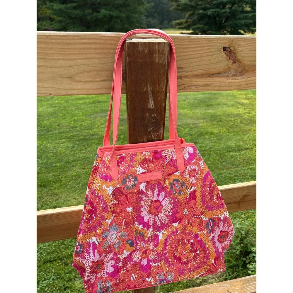 Vera Bradley Floral Lace Sequin Bag Pink Orange Coral Large Tote Shoulder Gold